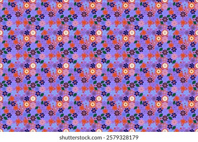 A cheerful and whimsical floral pattern design, featuring a multitude of small, colorful flowers in shades of orange, pink, purple, and blue, set against a light lavender background.