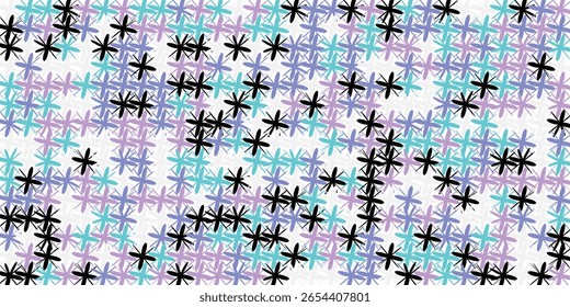 alegre e caprichoso fundo sem emenda apresentando abstrato floral ou formas de estrela em tons pastel macio de roxo, turquesa e preto, contra um fundo claro. 