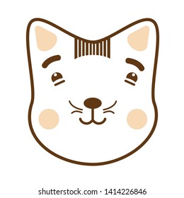 Cheerful and whiskered muzzle with a striped forelock. Pet cat on a white background. Outline drawing of a cats head. Vector illustration in flat style for web design and for printing on t shirts