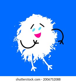 Cheerful white blot with handles and legs on a blue background. Person. Vector illustration. The blot man laughs and waves his hands. Icon.