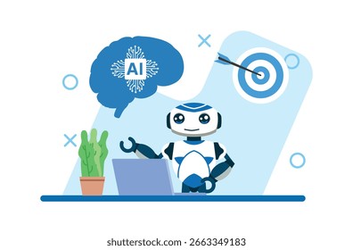 El alegre robot blanco y azul está trabajando en una computadora portátil en su escritorio, visualizando un cerebro y un objetivo de IA, en un estilo de ilustración plano adecuado para la tecnología y el marketing empresarial.