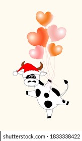 Cheerful white bull holds balloons in the form of pink hearts isolated on pink background. New Year/Christmas card with Chinese symbol of 2021. Vector illustration. For creative festive design.