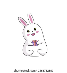 
Cheerful white bunny holds a gift in its paws. Isolated hare on a white background. Stock vector illustration.