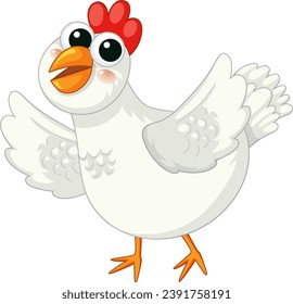 A cheerful white chicken cartoon character with open wings