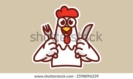 Cheerful white chicken holding a fork and knife, ready for a meal. Perfect for food-themed vector illustrations, playful character designs, cartoon animal art, dining graphics, and fun stickers.
