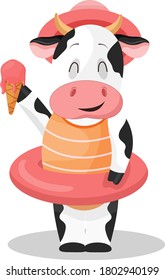 
cheerful white cow with black spots holding ice cream in lifebuoy symbol of 2021