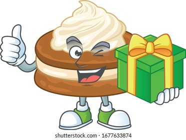 Cheerful white cream alfajor cartoon character holding a gift box