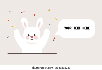 Cheerful White Easter Bunny Celebrating With Hands Up . Flat Holiday Vector Design Illustration With Speech Bubble For Text. Use For Website Landing Page, Greeting Card, Cover, Banner, Poster, M