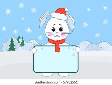 Cheerful white hare in red hat standing against a winter landscape and holding poster, decorated with snowflakes