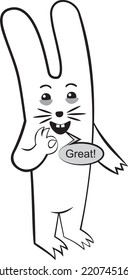 The cheerful white hare is smiling. He believes that everything will be fine, so he folded his fingers in an appropriate gesture. Perhaps something good has happened, and it pleases him.