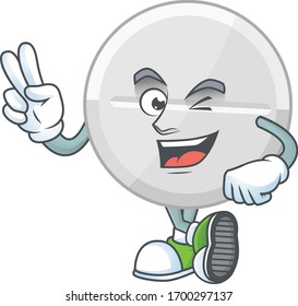 Cheerful white pills mascot design with two fingers