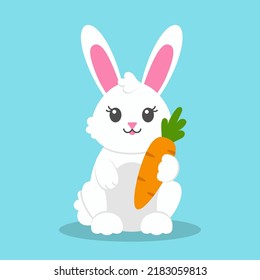 Cheerful white rabbit with carrot. Colored flat vector illustration isolated on blue background. Cartoon character.