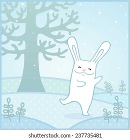 Cheerful white rabbit on a winter glade. Vector illustration.