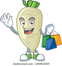 Cheerful white radish mascot waving and holding Shopping bags