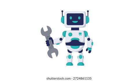 Ein fröhlicher, weißer und tealer Roboter mit einem Bildschirm für ein Gesicht, der einen silbernen Schraubenschlüssel in der Hand hält, der für technische Hilfe entwickelt wurde.