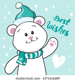 A cheerful white teddy bear in a blue hat waves his paw and the inscription best wishes on a blue background