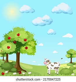 Una joven vaca alegre, blanca, se levanta en un verde prado de verano con árboles con manzanas rojas en un día soleado. Temporada de verano, clima cálido. Ilustración vectorial plana. Graciosa, ilustración infantil.