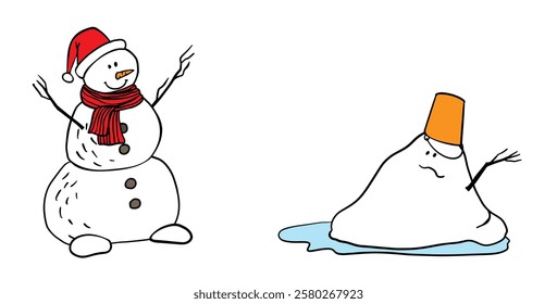 cheerful whole snowman stands beside a melting snowman, on a puddle. Contrasting emotions are shown. for New Year card, print, brochures, poster design