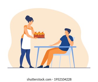 Cheerful wife baking cake for her husband. Apron, table, cook flat vector illustration. Bakery and family concept for banner, website design or landing web page