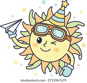 Un alegre personaje de sol guiñando el ojo con un sombrero de fiesta y gafas de aviador mientras sostiene un avión de papel. Ilustración vectorial caprichosa para niños pegatinas y decoración de cumpleaños.
