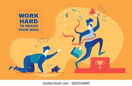 Cheerful winner businessman holding prize and loser following him flat vector illustration
