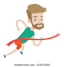 Cheerful winner crossing finish line. Young caucasian smiling winner winning marathon. A hipster winner with the beard breaking the tape. Vector flat design illustration isolated on white background.