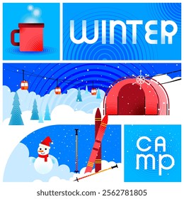 Cheerful winter camping illustration featuring cozy cabin, cable cars, skiing equipment, and snowman, highlighting fun winter activities. Concept of camping, travel, vacation, holiday