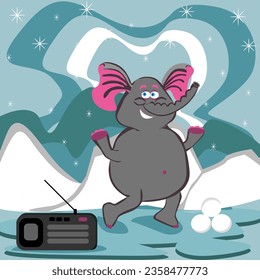 a cheerful winter elephant rejoices on a snowy day to his favorite music. now you can play snowballs