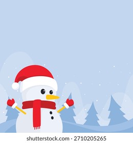 Alegre ilustración plana de invierno con un muñeco de nieve de estilo de dibujos animados en un paisaje nevado con pinos azules estilizados y copos de nieve que caen contra un cielo azul claro adecuado para Navidades.