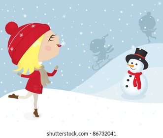 Cheerful  winter illustration in retro style. Little girl eating snowflakes. Children playing outdoors and enjoying to snow. Let It Snow