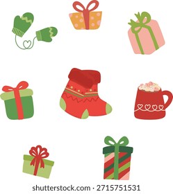 Ein fröhliches Winter-Illustrationssatz mit festlichen Geschenkboxen, gemütlichen Handschuhen, einem dekorativen Strumpf und einem warmen Becher mit Marshmallows, Entworfen in einem spielerischen flachen Illustrationsstil mit Rot- und Grüntönen, ist diese Kollektion perfekt für saisonale Designs, Urlaubsmarketing, Grußkarten, Aufkleber, Social-Media-Grafiken, Verpackungen und Projekte zum Thema Winter. 
