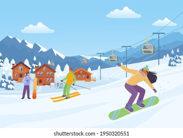 Cheerful winter sport illustration. Woman goes downhill snowboard with male character on skis cozy resort houses among snow covered fir trees and comfortable cable car. Vector rest