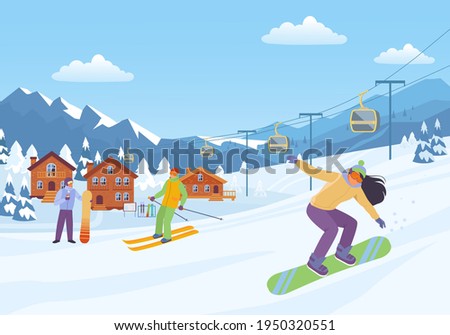 Cheerful winter sport illustration. Woman goes downhill snowboard with male character on skis cozy resort houses among snow covered fir trees and comfortable cable car. Vector rest