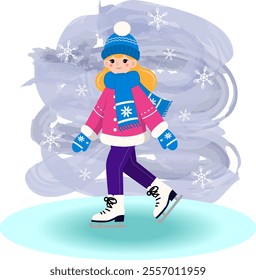 A cheerful winter-themed vector illustration featuring a young girl skating on ice, wearing a warm blue hat, scarf, and gloves with snowflake patterns, complemented by a pink jacket. 