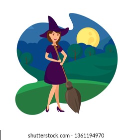 Cheerful Witch with Broomstick Vector Illustration. Young Lady in Spooky Costume with Hat Cartoon Character. October Holiday, Cosplay Party. Halloween Night Celebration. Forest Scenery