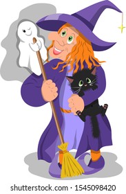 Cheerful witch with a Ghost and a kitten. Illustration for Halloween.