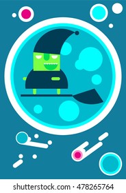 cheerful witch on a broomstick on the background of a blue moon 
Flat modern design