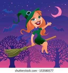Cheerful witch riding a broom