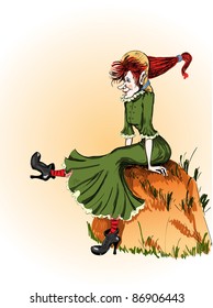 cheerful witch sits on a stone