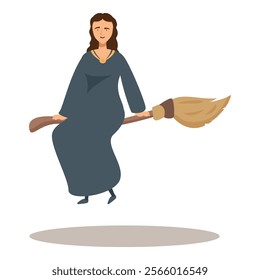 Cheerful witch wearing a long dark dress and a necklace is flying on a broom