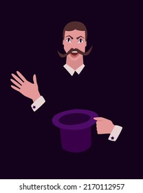 A cheerful wizard shows a trick with a hat. Vector illustration, isolated elements. Circus performance.