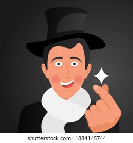 The cheerful wizard in the top hat snaps his fingers. Magic hand gesture. A sign of success and witchcraft. Vector illustration flat design. Isolated on black background.