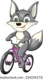 A cheerful wolf cycling on a pink bike