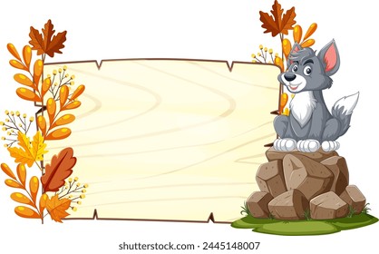 Cheerful wolf pup sitting beside a blank sign.