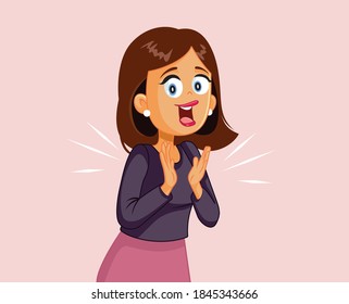 Cheerful Woman Applauding Vector Cartoon Illustration. Happy female adult clapping and congratulating with satisfaction
