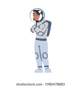 Cheerful Woman Astronaut Standing with Folded Arms, Space Tourist Character Cartoon Vector Illustration