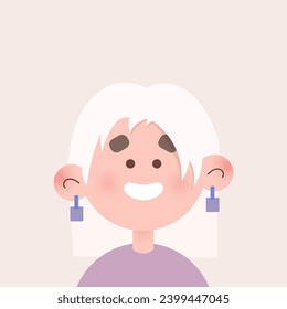 Cheerful woman avatar. Custom portrait. The face of female character. Avatar of smiling girl with white hair in tshirt. Vector illustration