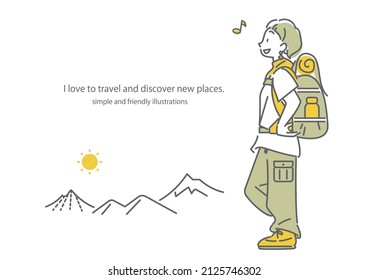 cheerful woman backpacker, line illustrations