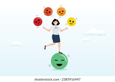 Cheerful woman balance on smiling face juggling expression emotional faces, emotional intelligence, control feeling or emotion, psychology to be success or balance of anxiety and happiness (Vector)