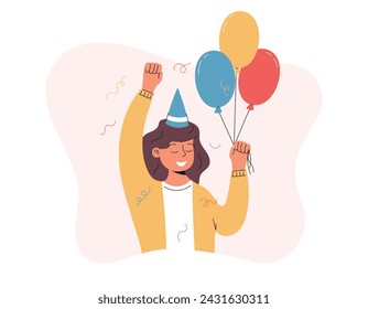 Cheerful woman with balloons. A girl in a festive cap celebrating a birthday or other holiday. Vector isolated flat illustration.